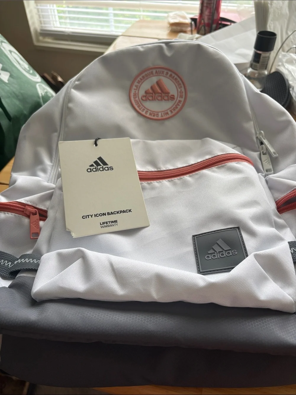 adidas White and Gray Backpack with Pink Zippers